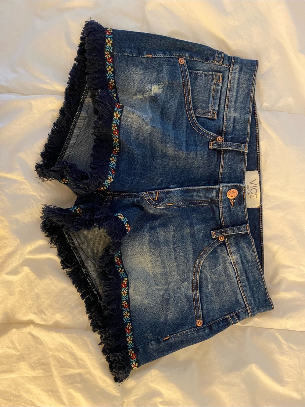 REVICE Dark Blue Denim Shorts with Multicolor Embroidered Trim